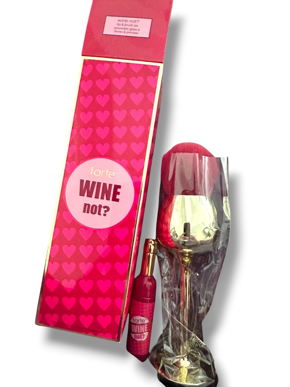 NIB Tarte Wine Not? Lip Gloss & Brush Set Gold Wine Glass Brush and Wine LIP